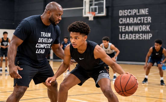 Coach guiding a student during basketball practice