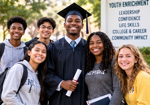 Graduate celebrating with a group of young learners
