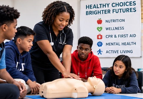 Presenter leading a first-aid awareness activity with students